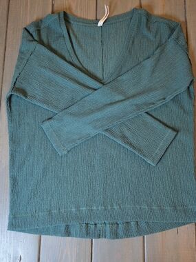 Anthro by Anthropologie Textured Green V Neck Top Medium Long Sleeve